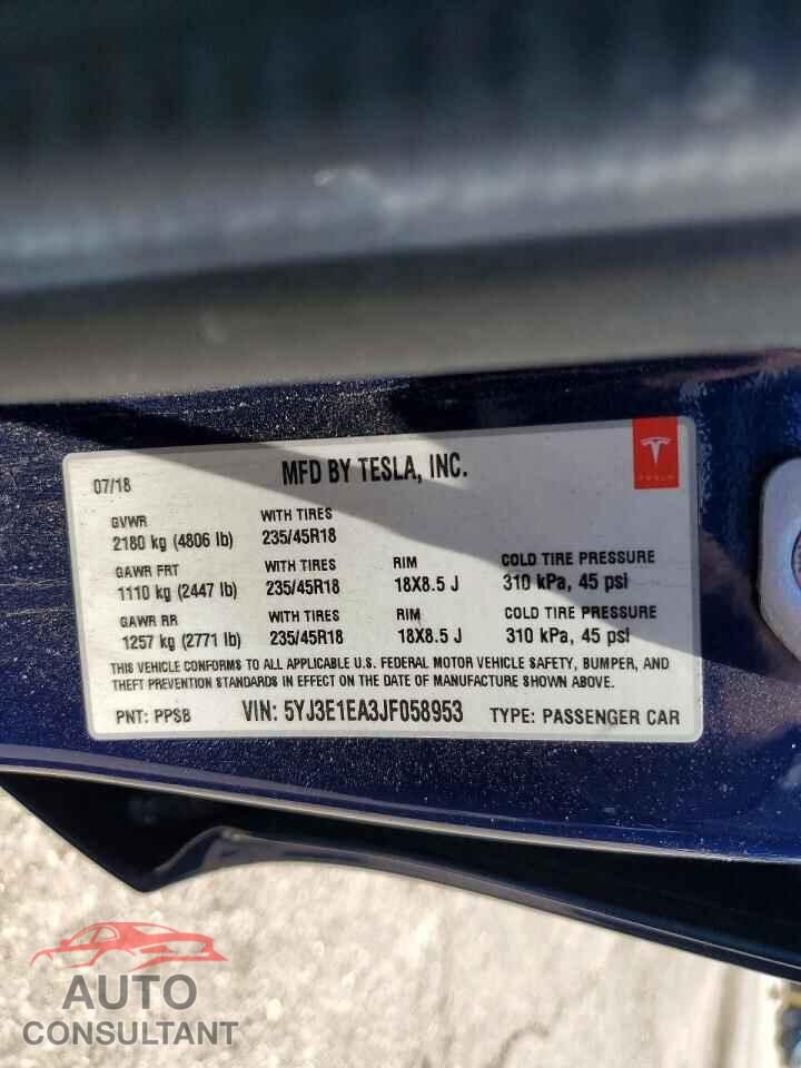 TESLA MODEL 3 2018 - 5YJ3E1EA3JF058953