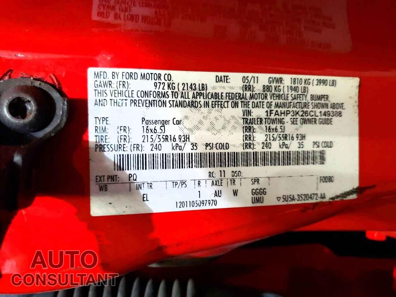 FORD FOCUS 2012 - 1FAHP3K26CL149388