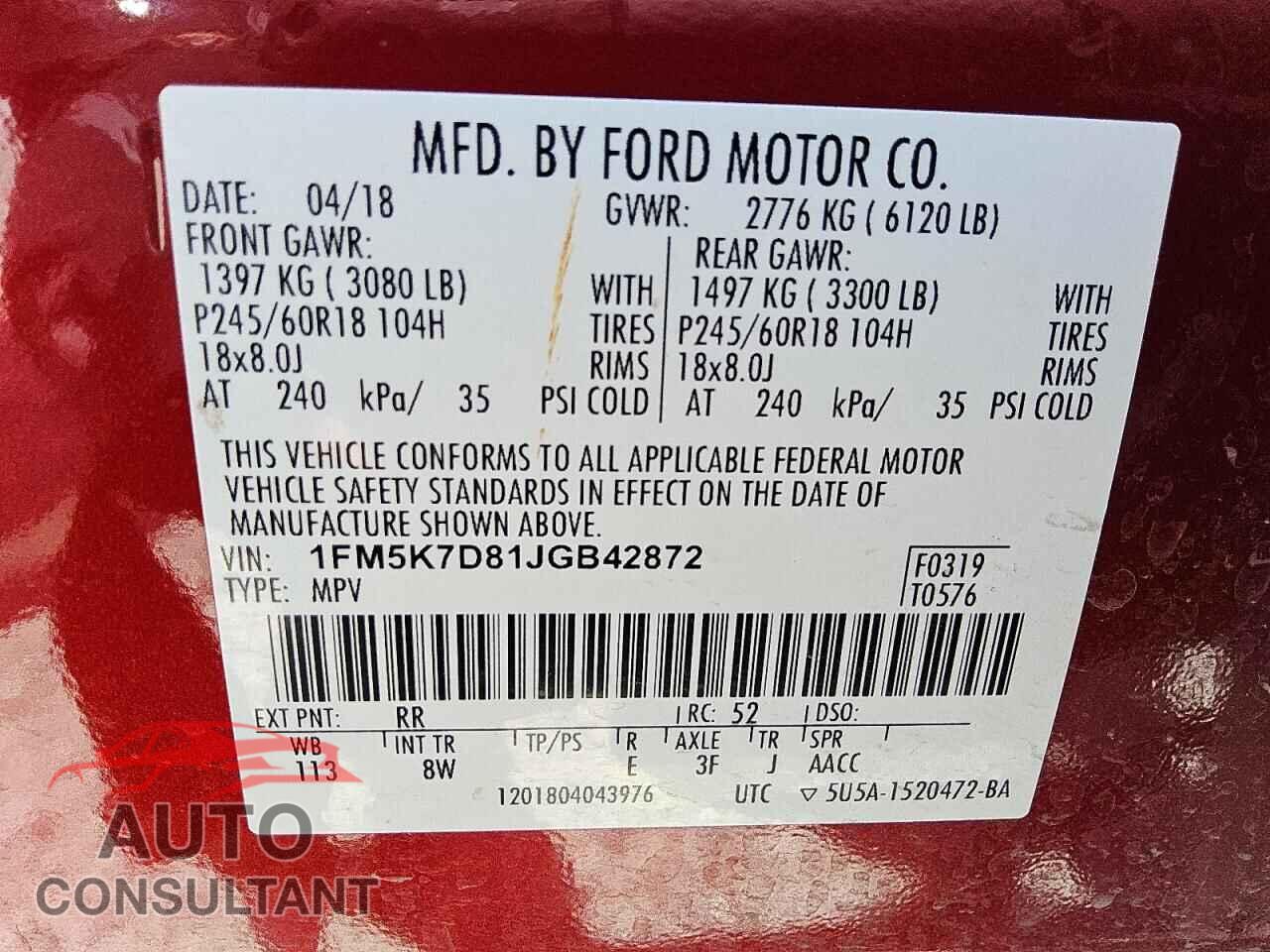 FORD EXPLORER 2018 - 1FM5K7D81JGB42872