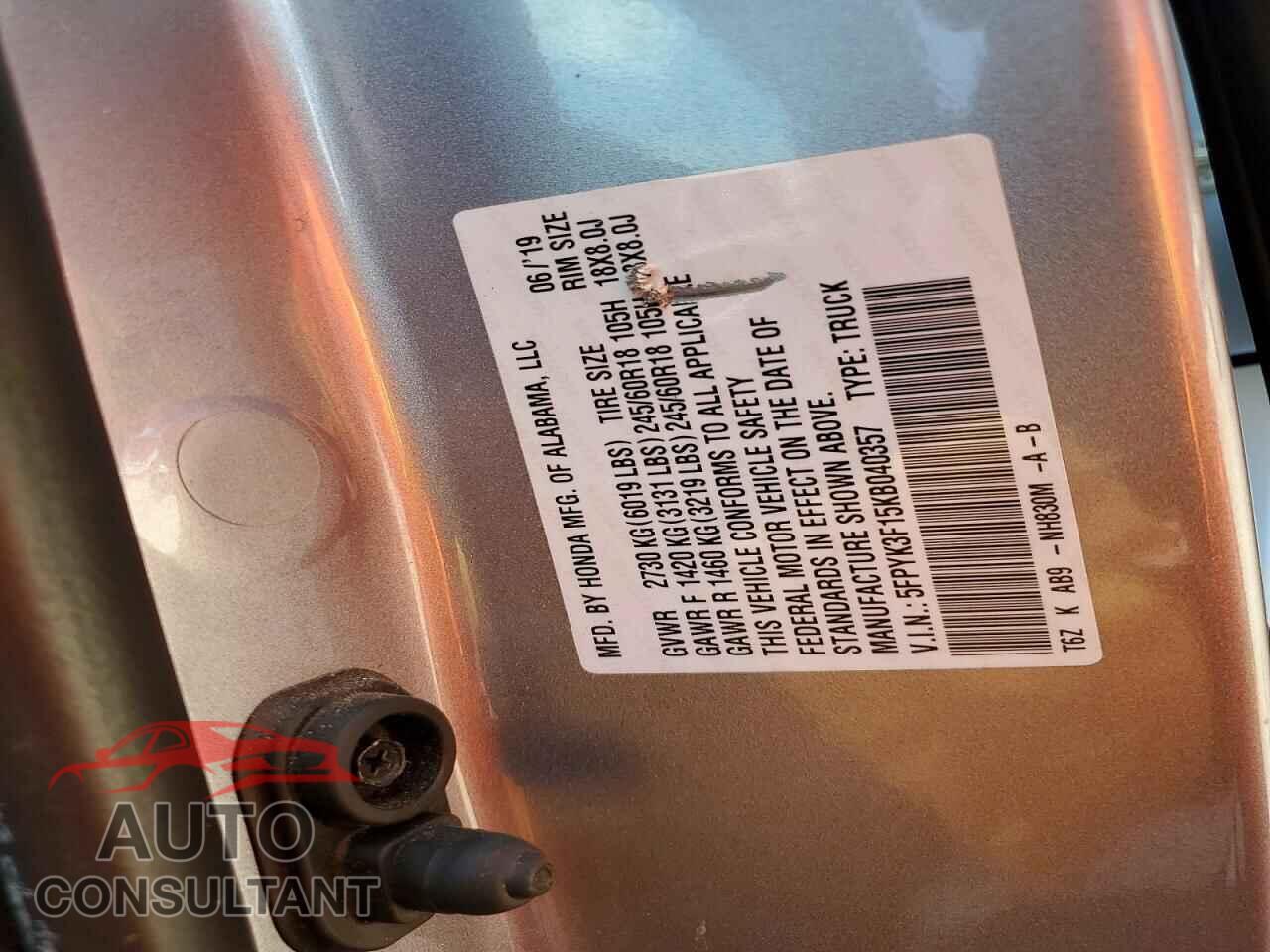 HONDA RIDGELINE 2019 - 5FPYK3F15KB040357