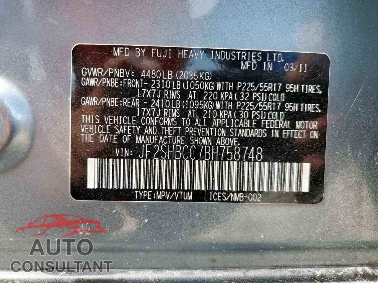 SUBARU FORESTER 2011 - JF2SHBCC7BH758748