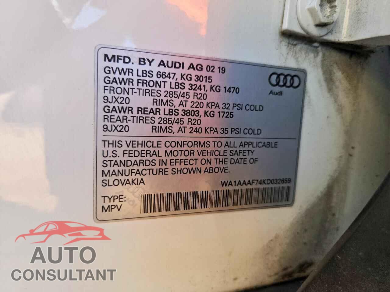 AUDI Q7 2019 - WA1AAAF74KD032659