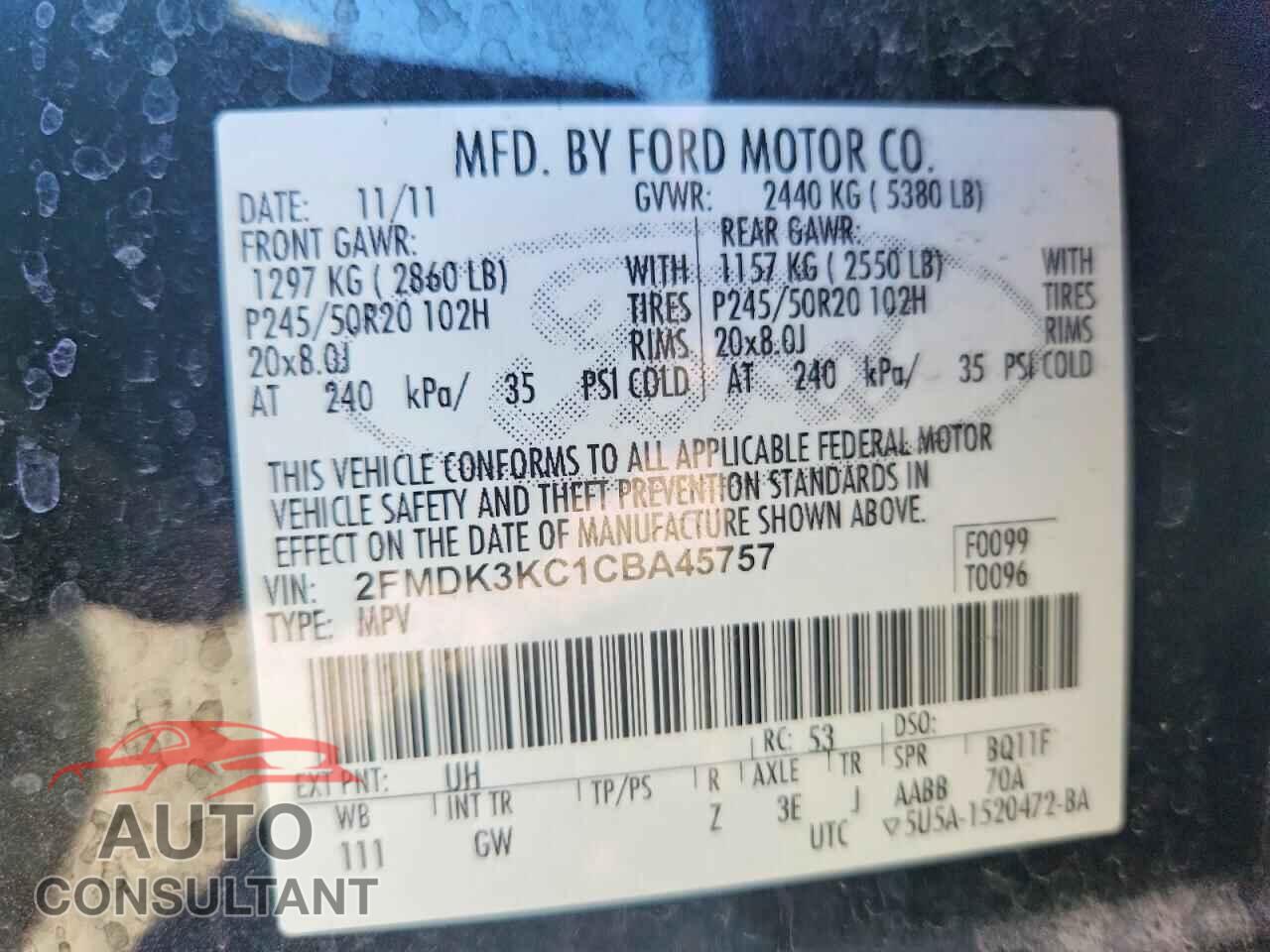 FORD EDGE 2012 - 2FMDK3KC1CBA45757