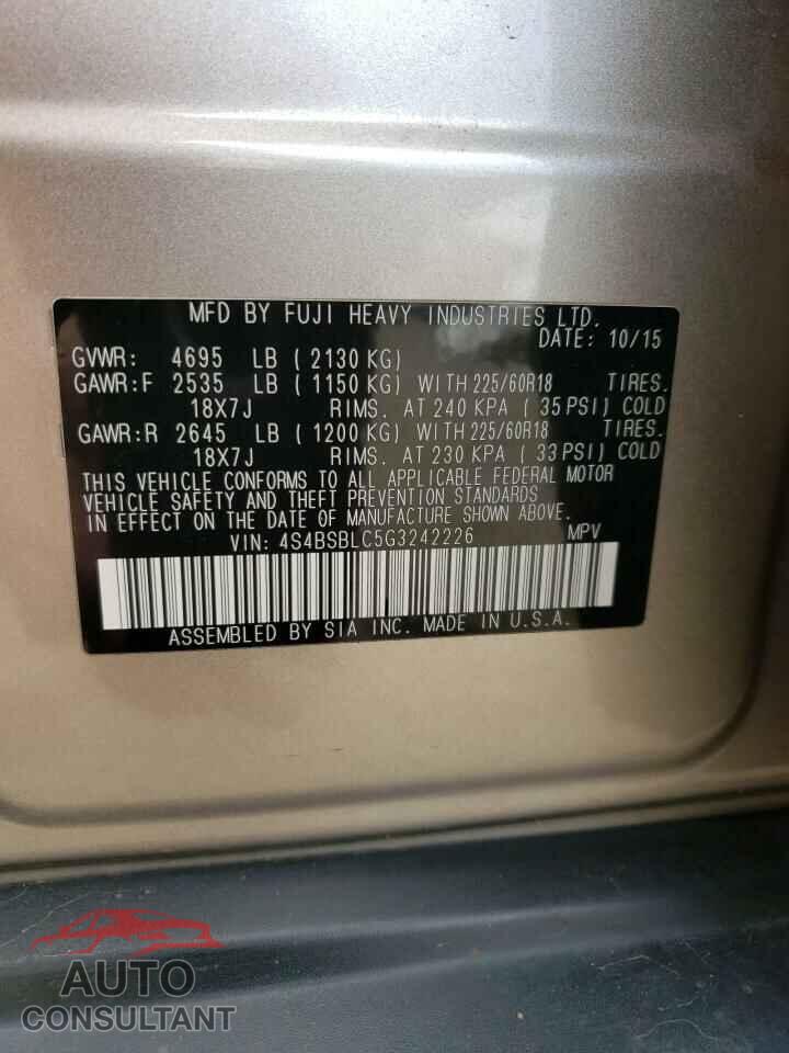 SUBARU OUTBACK 2016 - 4S4BSBLC5G3242226