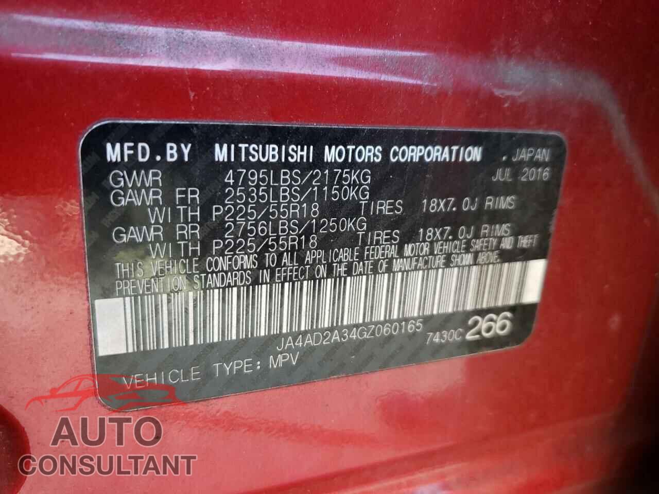 MITSUBISHI OUTLANDER 2016 - JA4AD2A34GZ060165