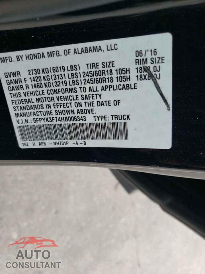 HONDA RIDGELINE 2017 - 5FPYK3F74HB006343