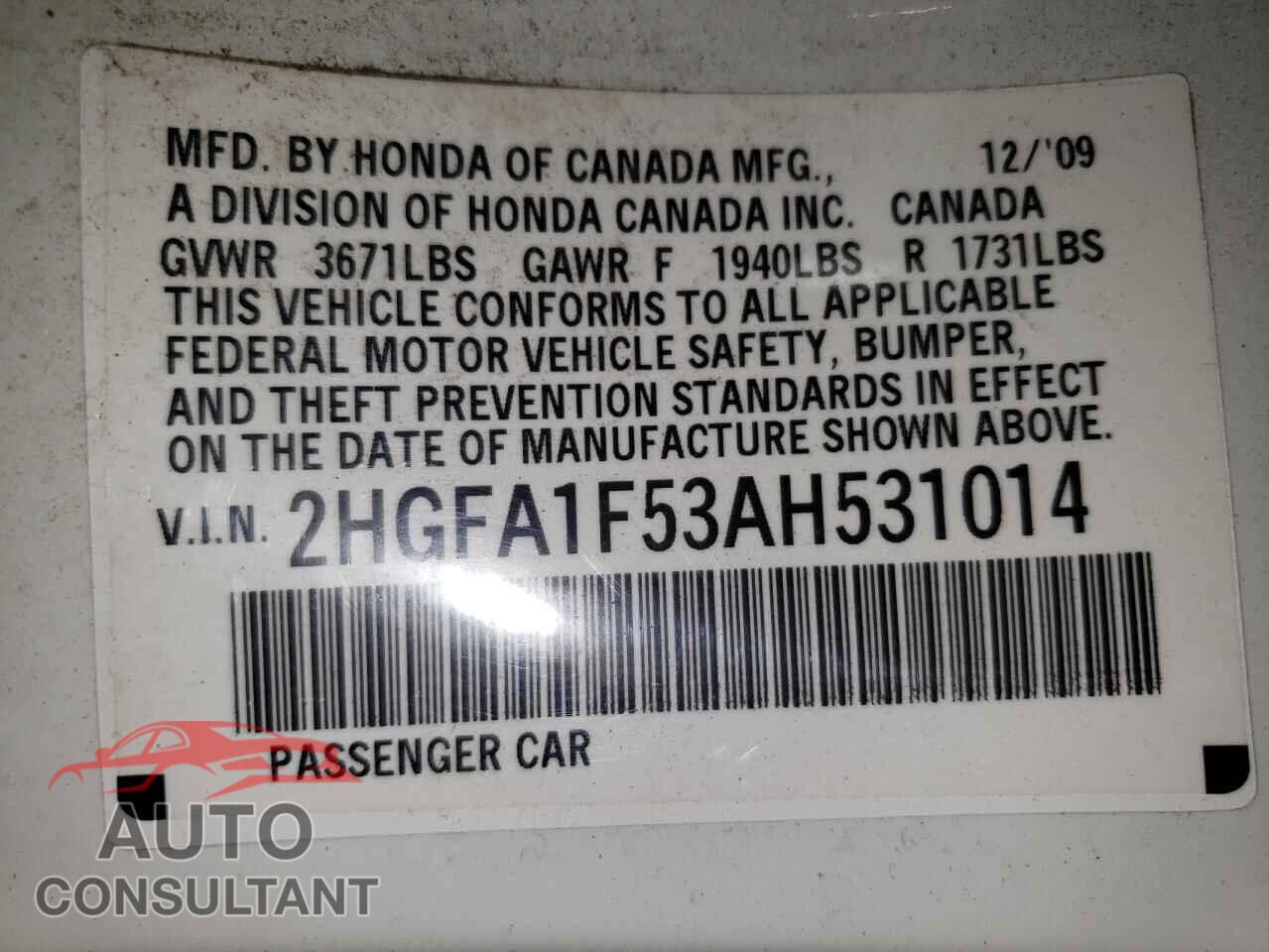 HONDA CIVIC 2010 - 2HGFA1F53AH531014
