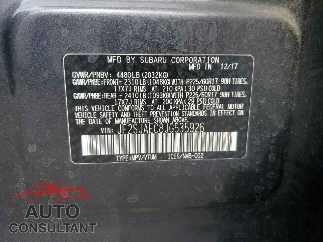SUBARU FORESTER 2018 - JF2SJAEC8JG535926