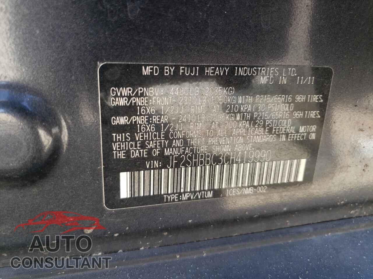 SUBARU FORESTER 2012 - JF2SHBBC3CH419990