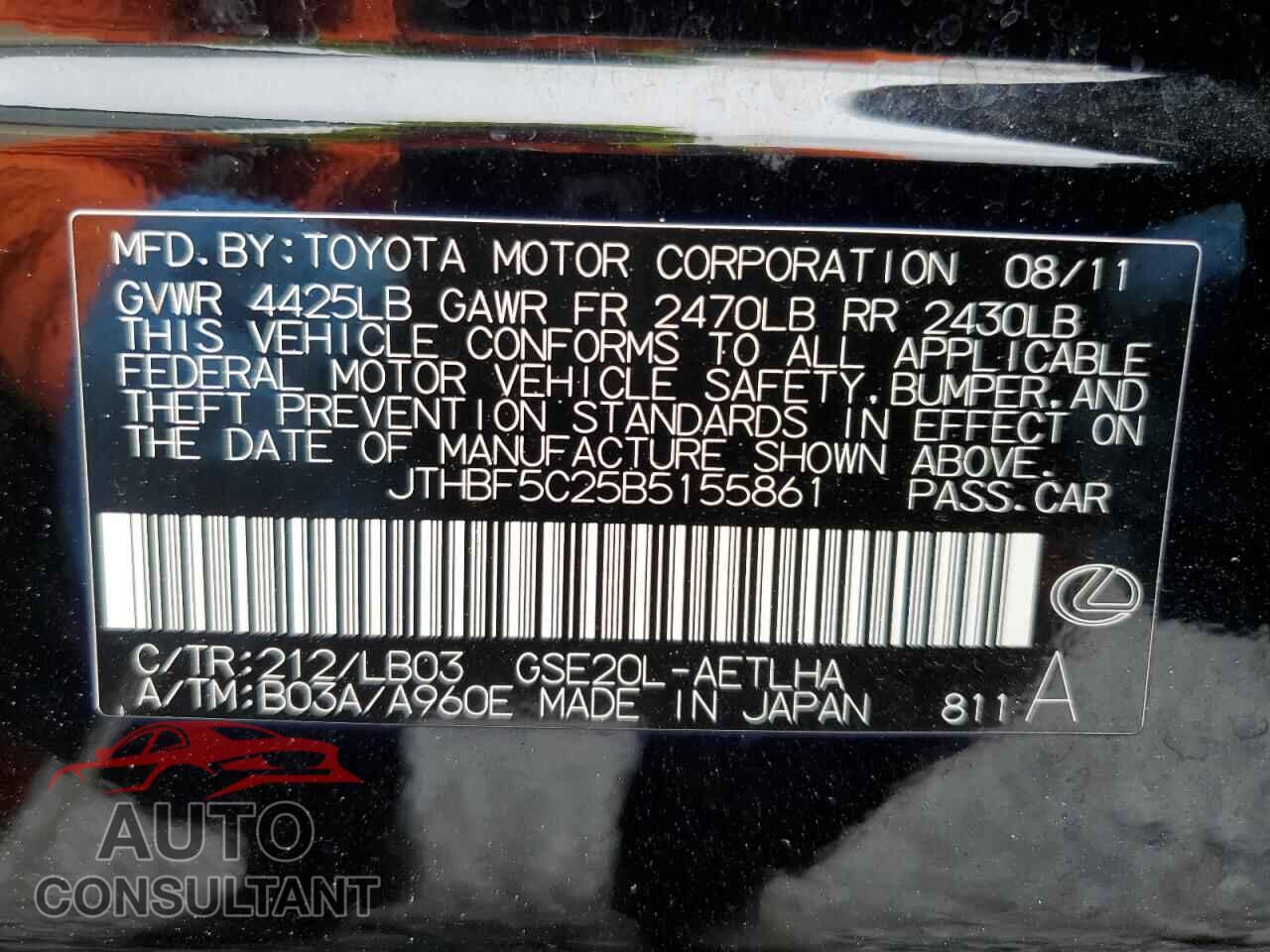 LEXUS IS 2011 - JTHBF5C25B5155861