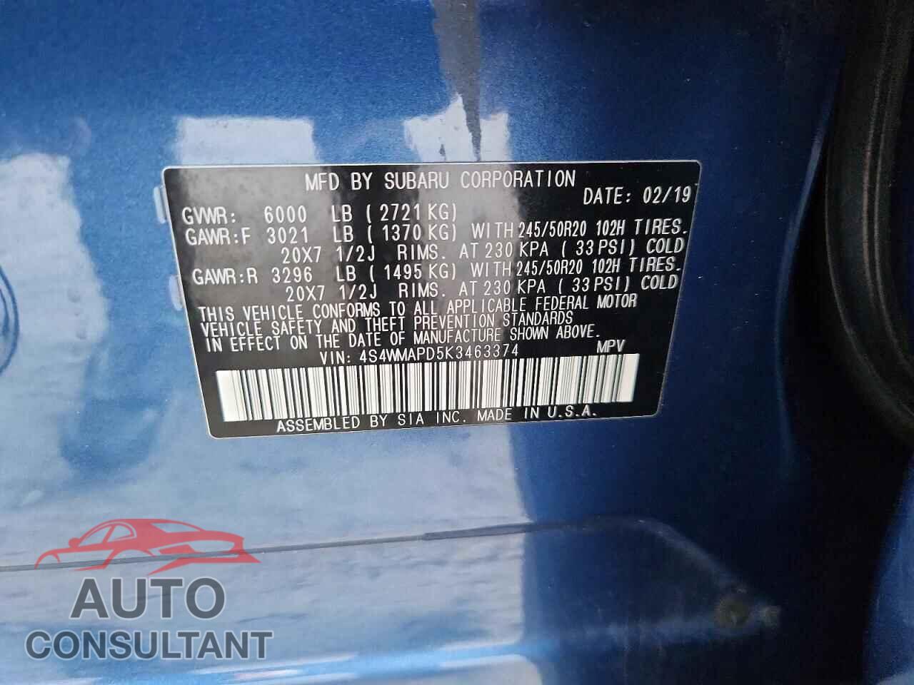 SUBARU ASCENT 2019 - 4S4WMAPD5K3463374