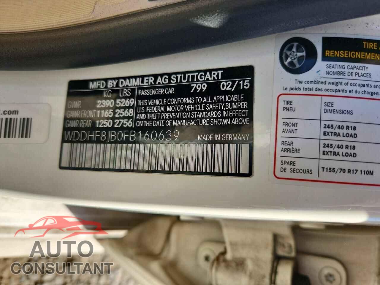 MERCEDES-BENZ E-CLASS 2015 - WDDHF8JB0FB160639