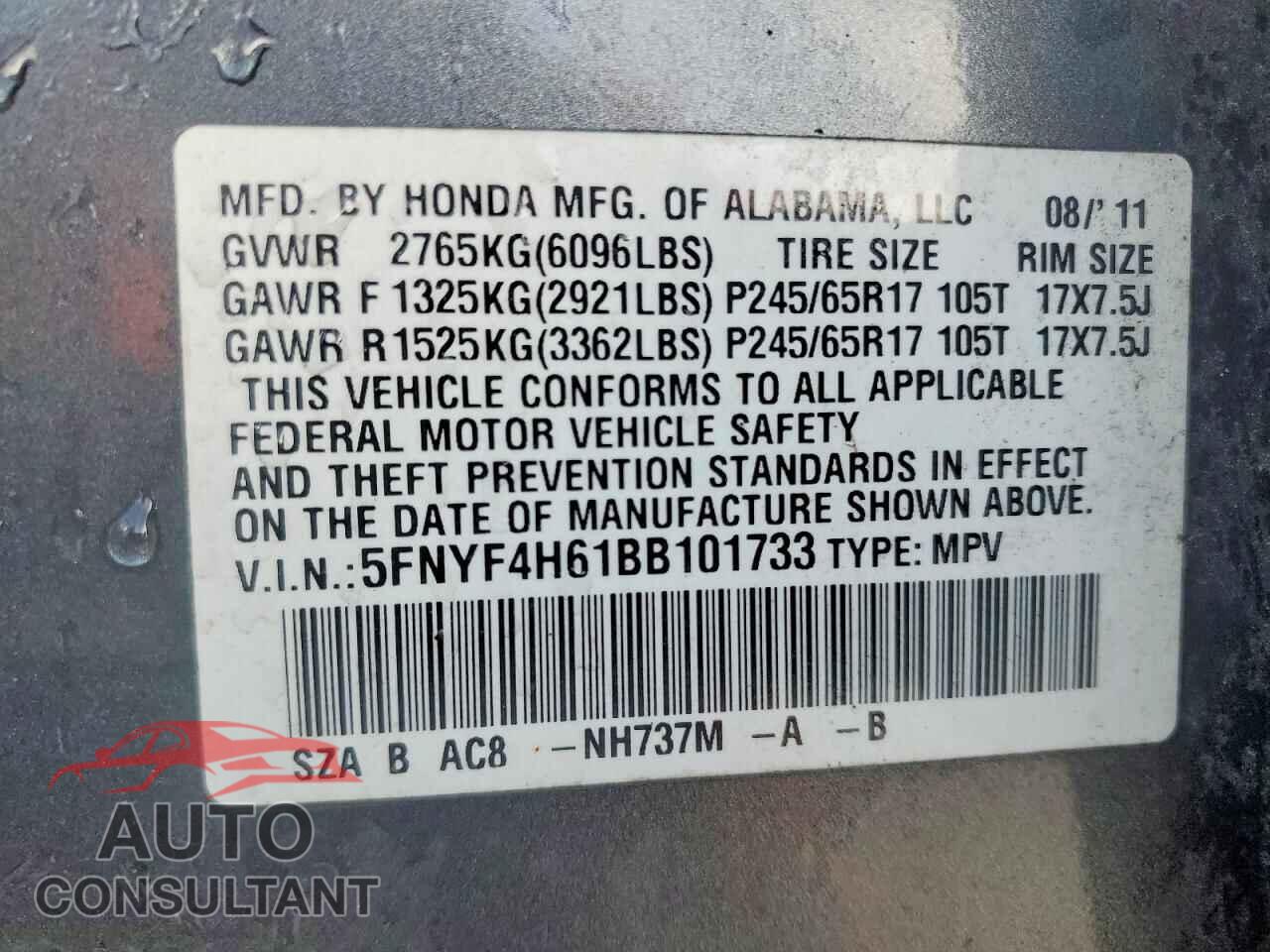 HONDA PILOT 2011 - 5FNYF4H61BB101733