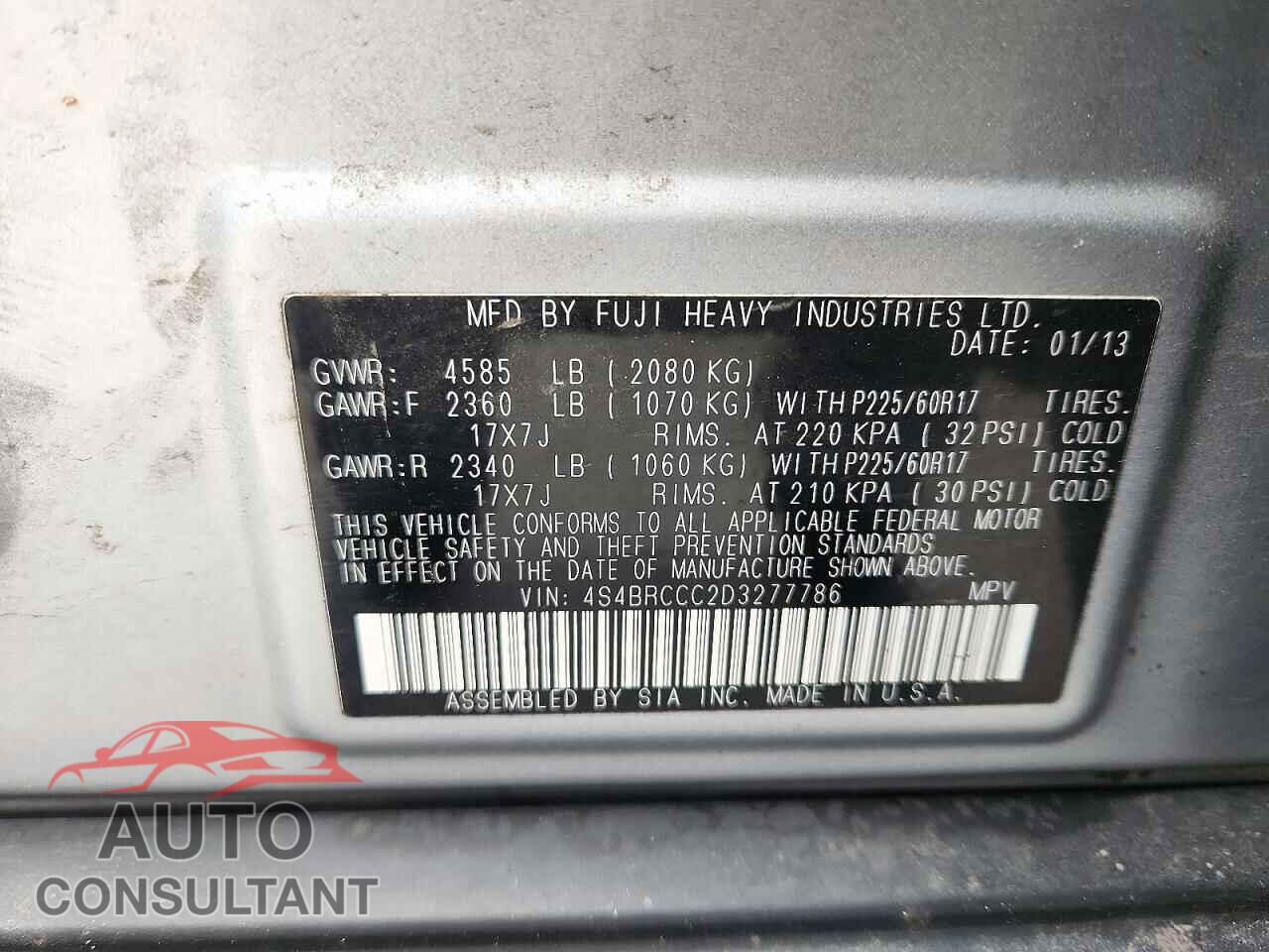 SUBARU OUTBACK 2013 - 4S4BRCCC2D3277786