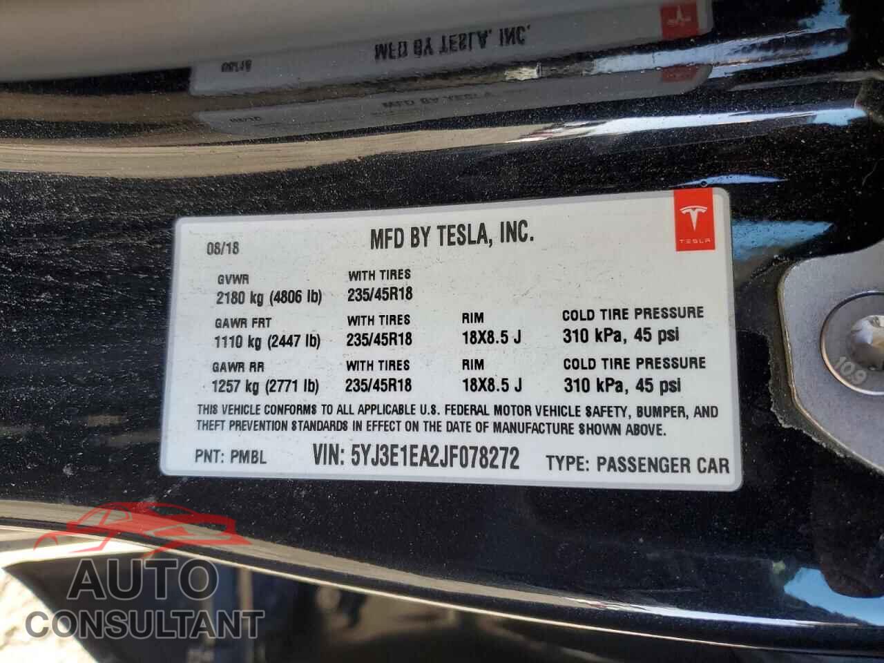 TESLA MODEL 3 2018 - 5YJ3E1EA2JF078272