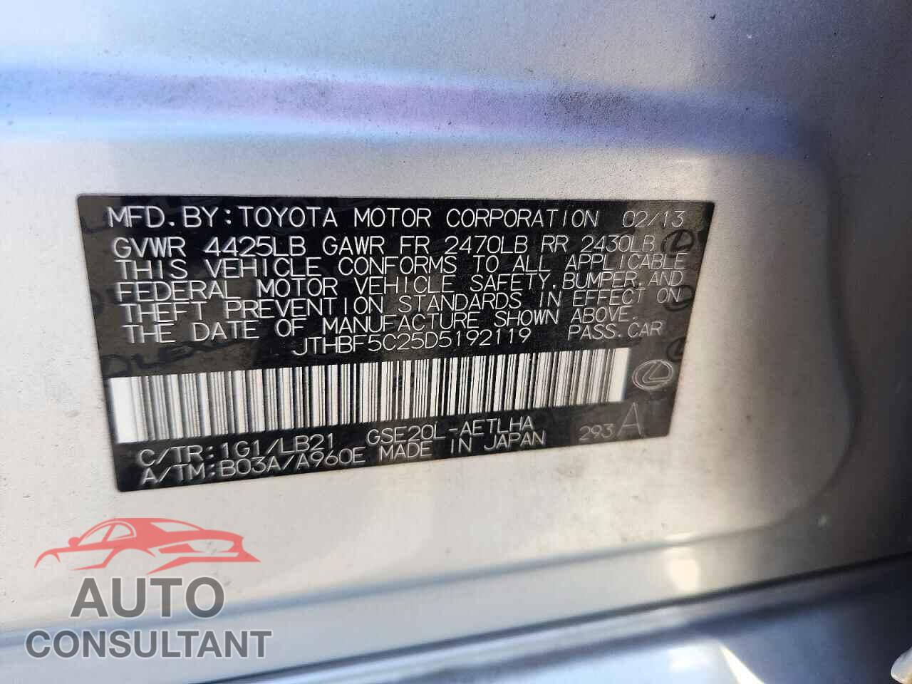 LEXUS IS 2013 - JTHBF5C25D5192119