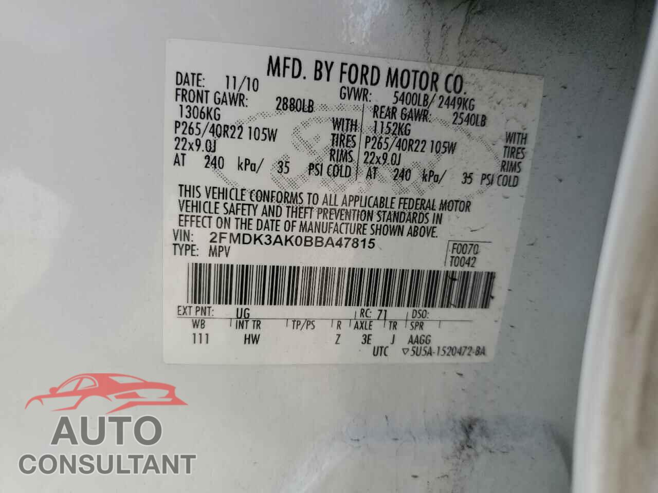 FORD EDGE 2011 - 2FMDK3AK0BBA47815