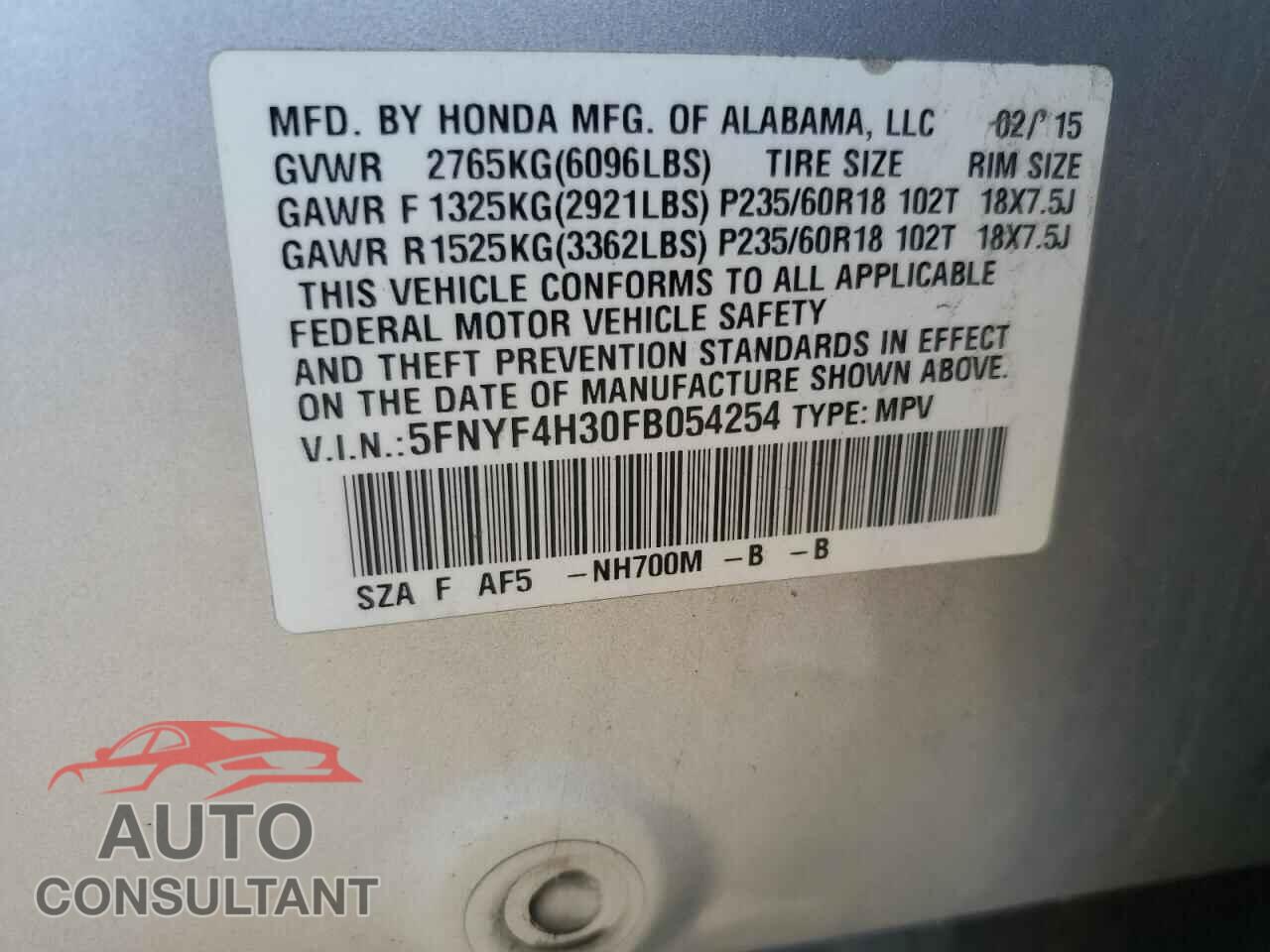HONDA PILOT 2015 - 5FNYF4H30FB054254