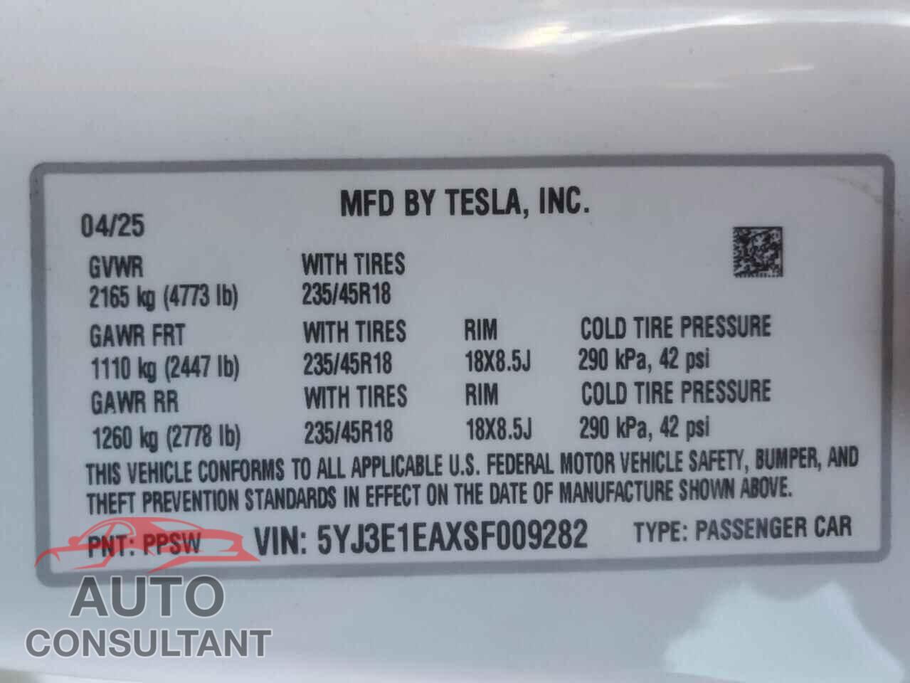TESLA MODEL 3 2025 - 5YJ3E1EAXSF009282