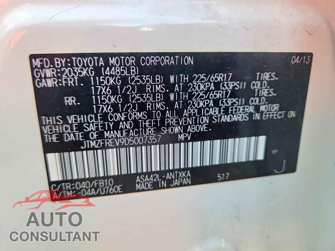 TOYOTA RAV4 2013 - JTMZFREV9D5007357