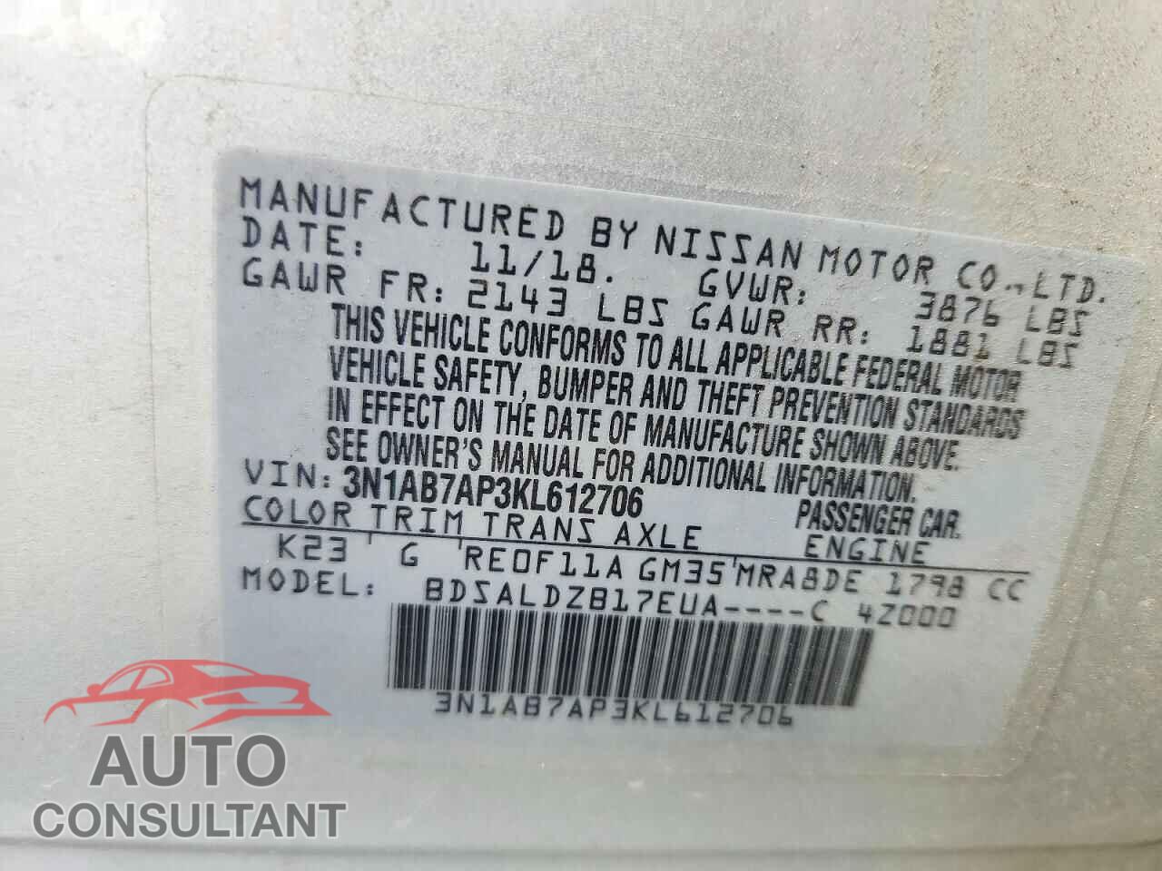 NISSAN SENTRA 2019 - 3N1AB7AP3KL612706