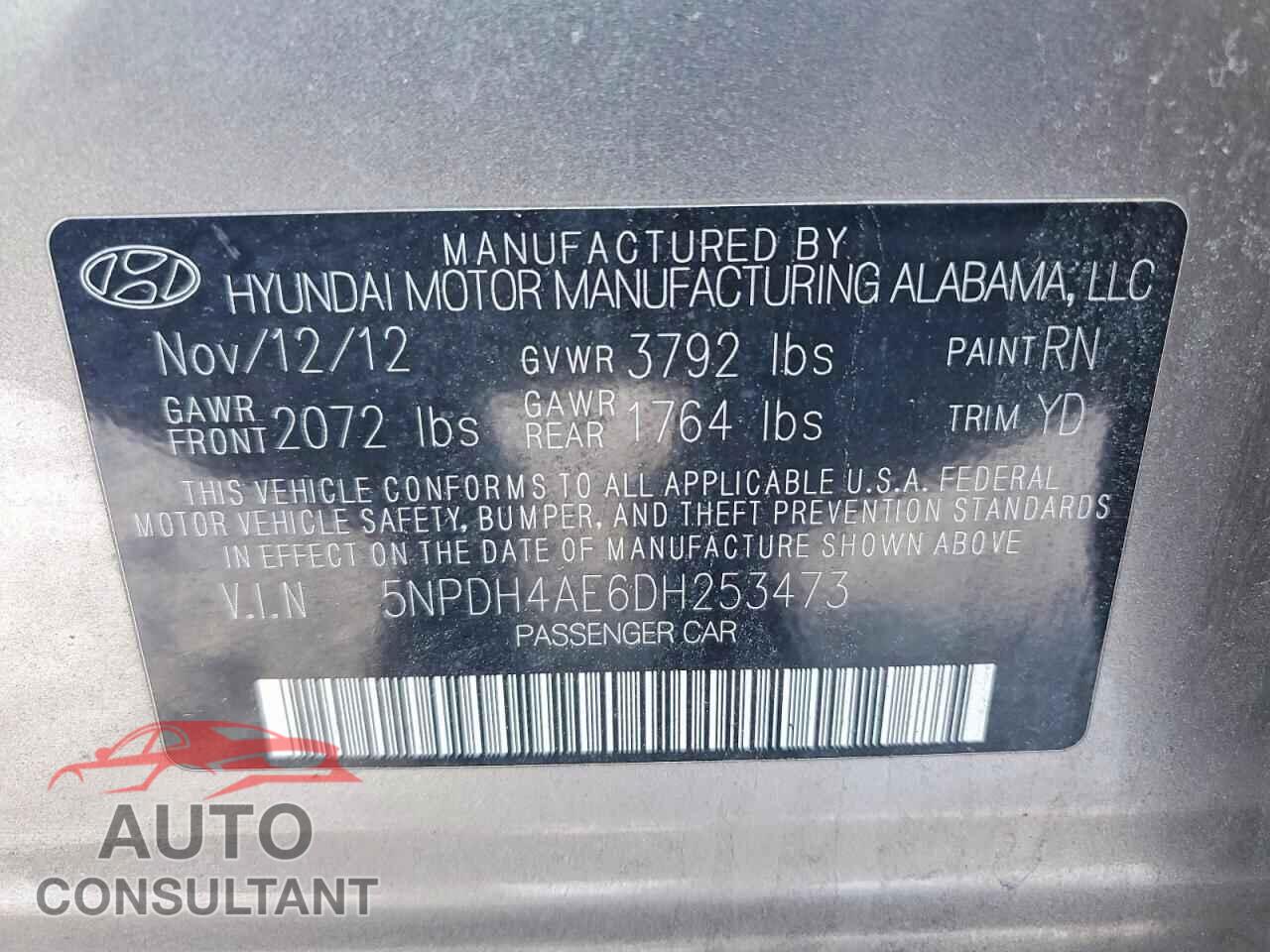 HYUNDAI ELANTRA 2013 - 5NPDH4AE6DH253473