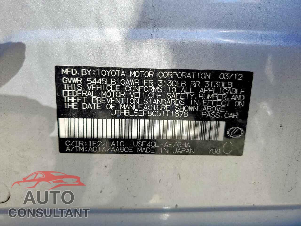 LEXUS LS460 2012 - JTHBL5EF8C5111878