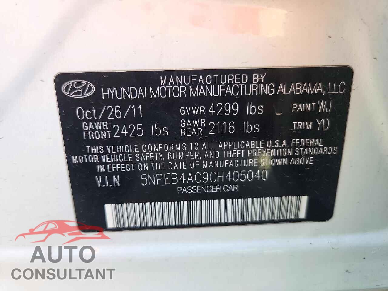 HYUNDAI SONATA 2012 - 5NPEB4AC9CH405040