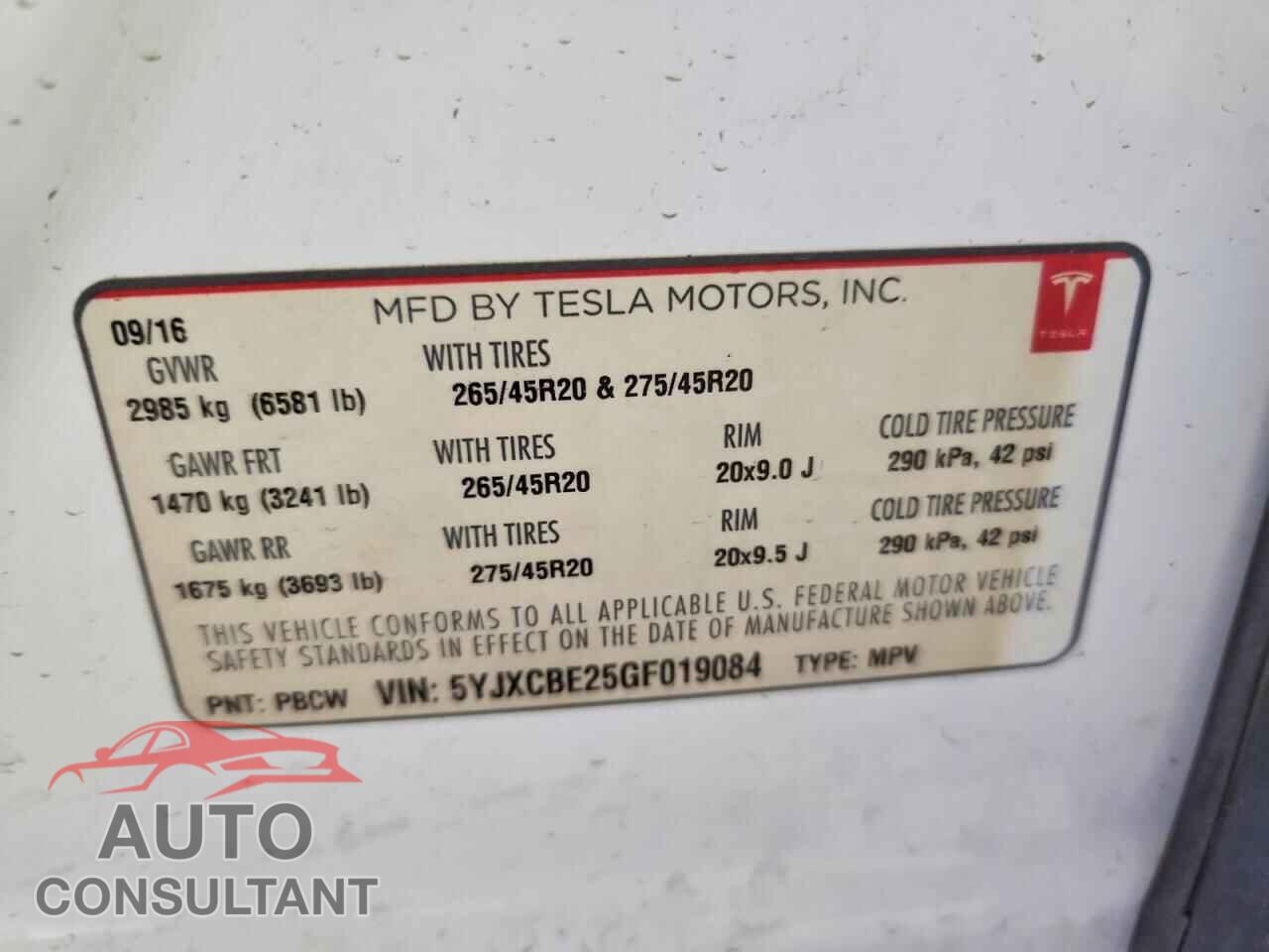 TESLA MODEL X 2016 - 5YJXCBE25GF019084