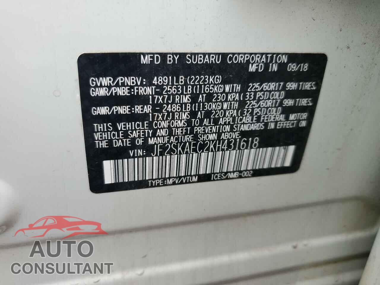 SUBARU FORESTER 2019 - JF2SKAEC2KH431618