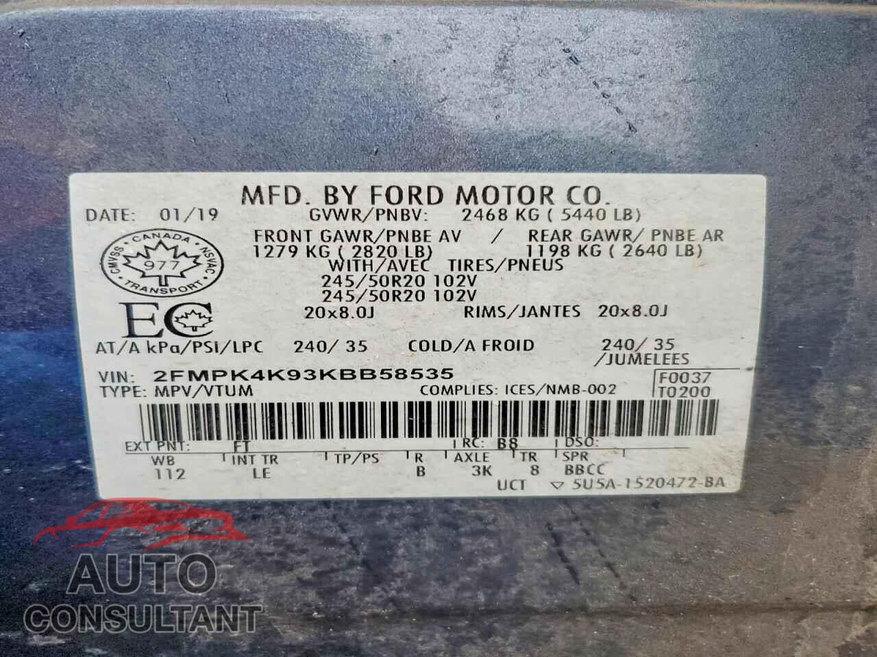 FORD EDGE 2019 - 2FMPK4K93KBB58535