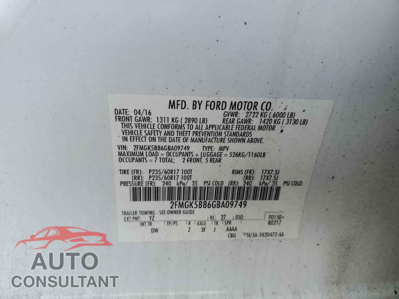 FORD FLEX 2016 - 2FMGK5B86GBA09749