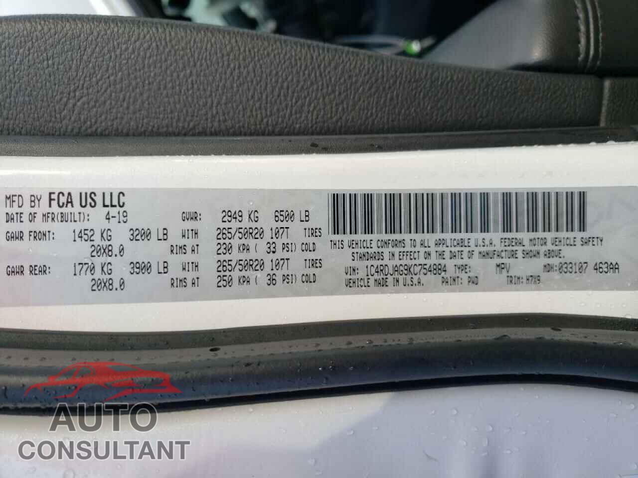 DODGE DURANGO 2019 - 1C4RDJAG9KC754884