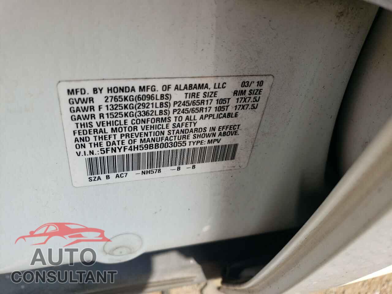 HONDA PILOT 2011 - 5FNYF4H59BB003055