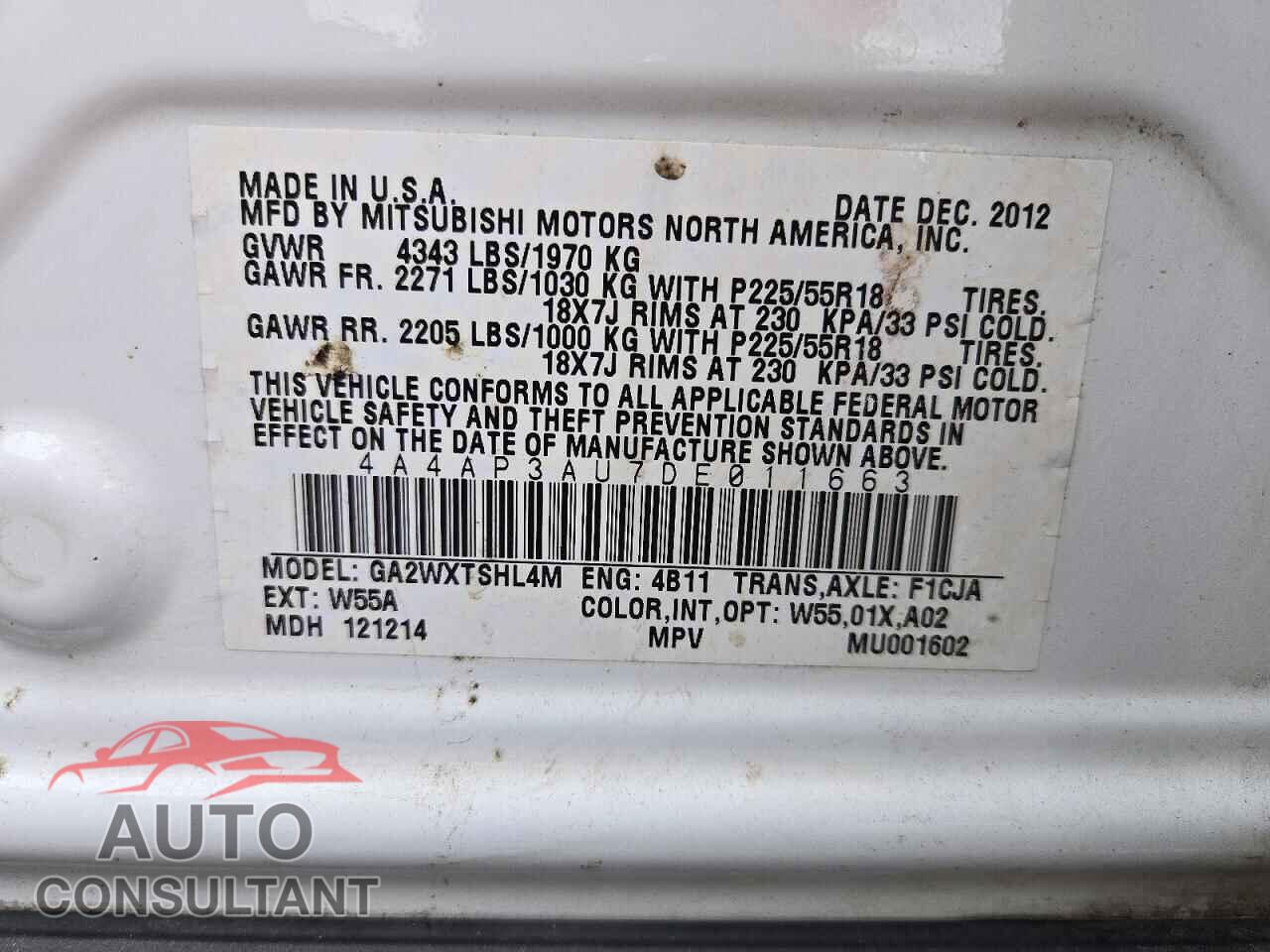 MITSUBISHI OUTLANDER 2013 - 4A4AP3AU7DE011663