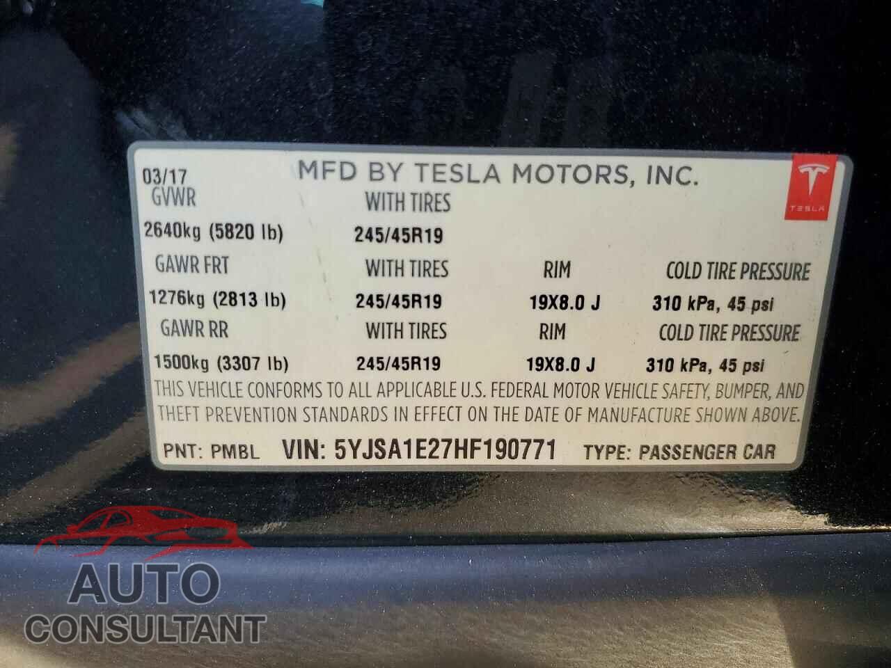 TESLA MODEL S 2017 - 5YJSA1E27HF190771