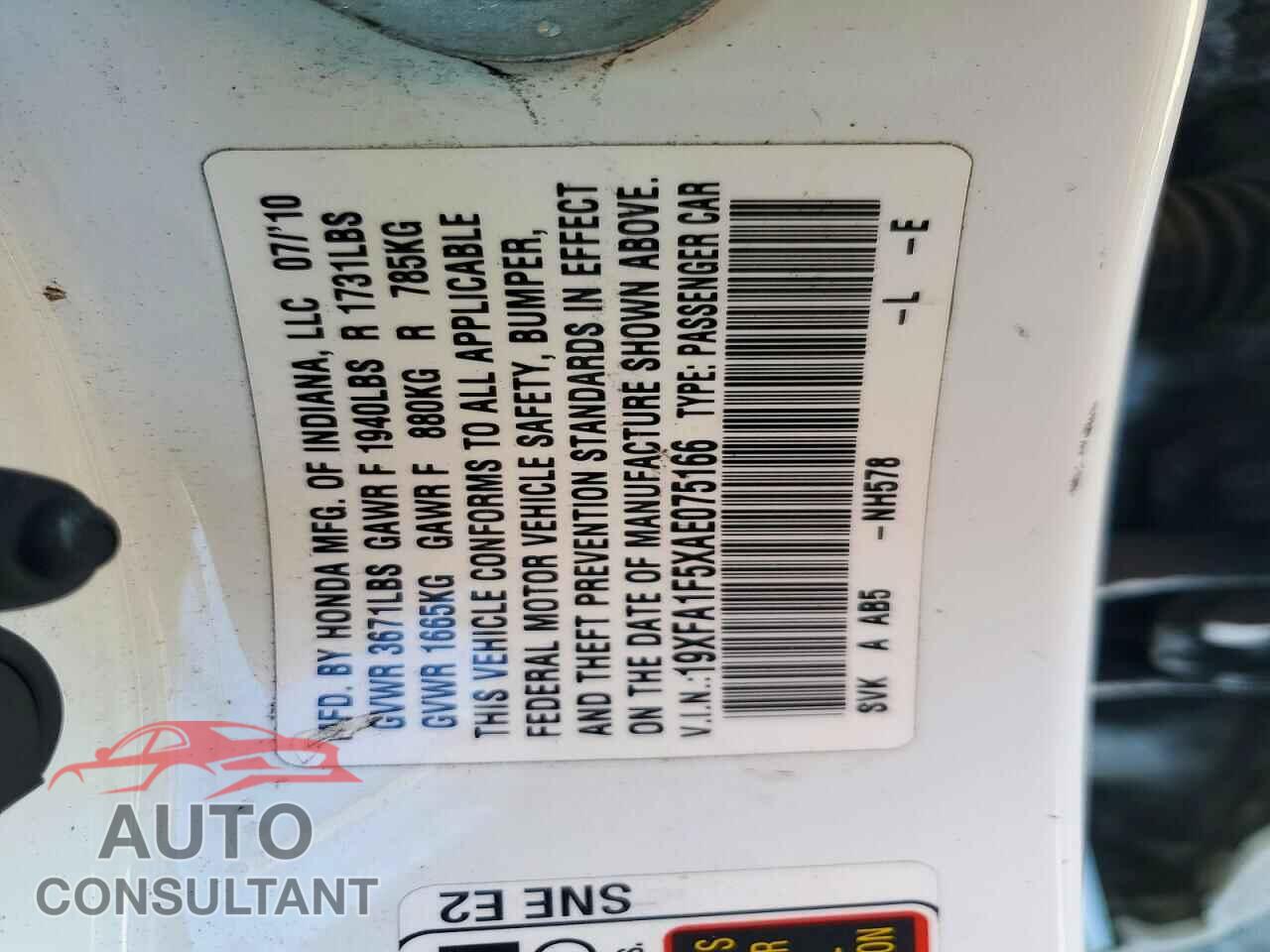 HONDA CIVIC 2010 - 19XFA1F5XAE075166