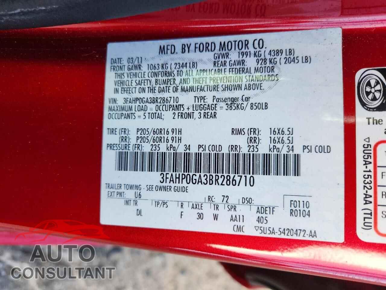 FORD FUSION 2011 - 3FAHP0GA3BR286710