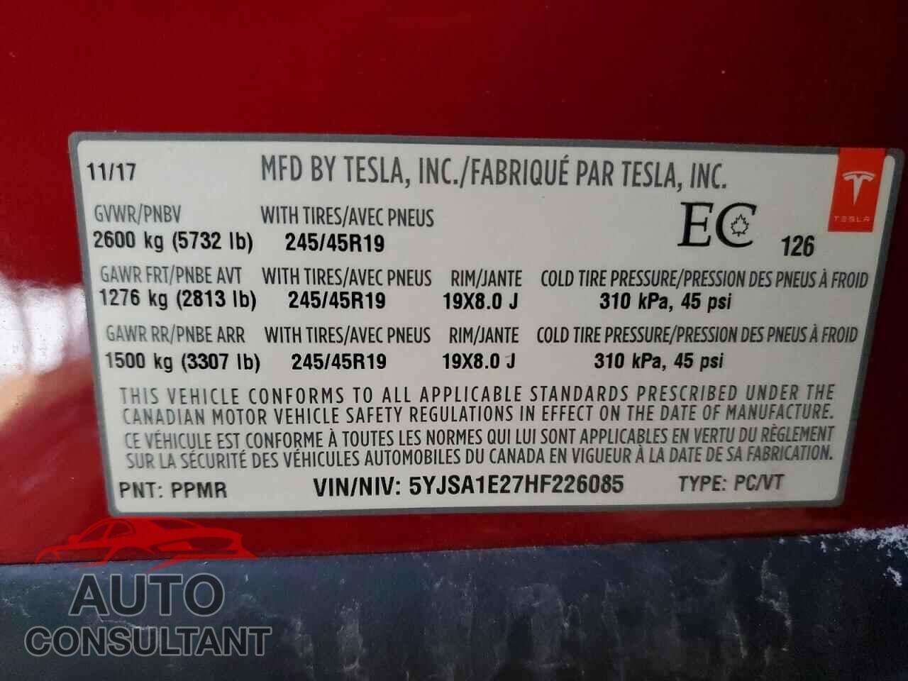 TESLA MODEL S 2017 - 5YJSA1E27HF226085