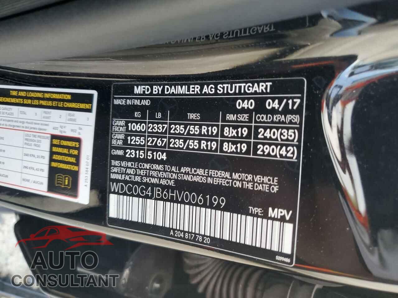 MERCEDES-BENZ GLC-CLASS 2017 - WDC0G4JB6HV006199