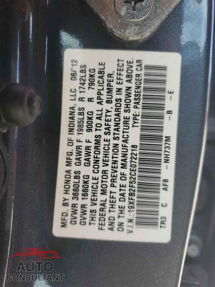 HONDA CIVIC 2012 - 19XFB2F52CE072218