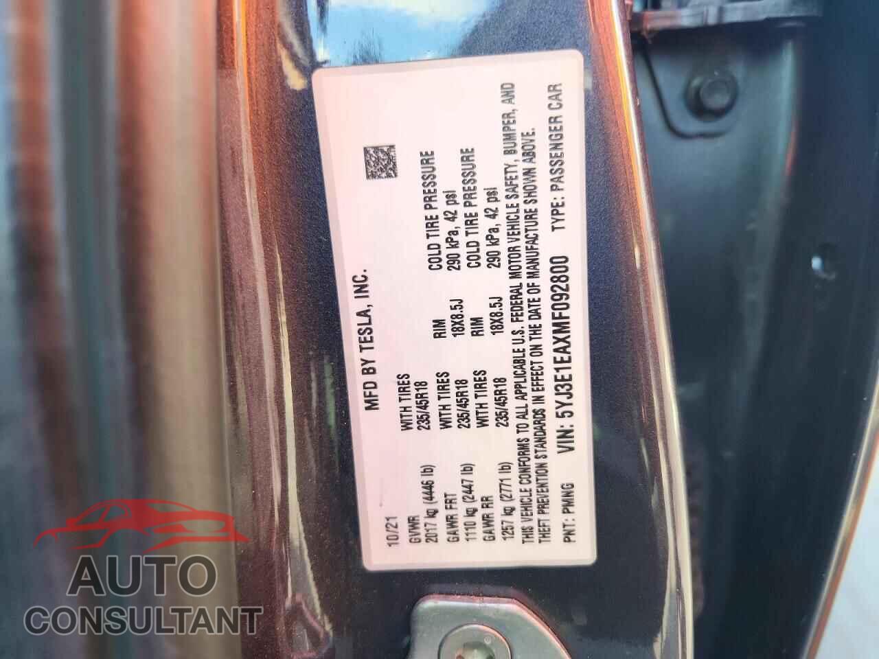 TESLA MODEL 3 2021 - 5YJ3E1EAXMF092800