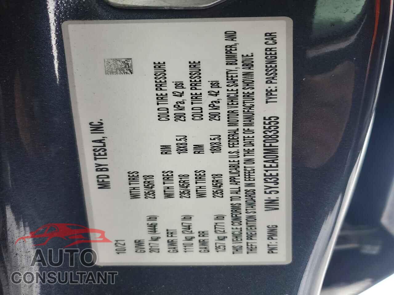 TESLA MODEL 3 2021 - 5YJ3E1EA0MF083555