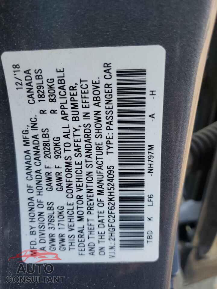 HONDA CIVIC 2019 - 2HGFC2F62KH524095