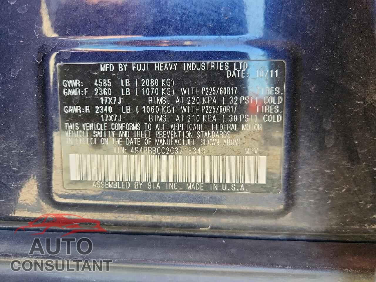 SUBARU OUTBACK 2012 - 4S4BRBCC2C3218343