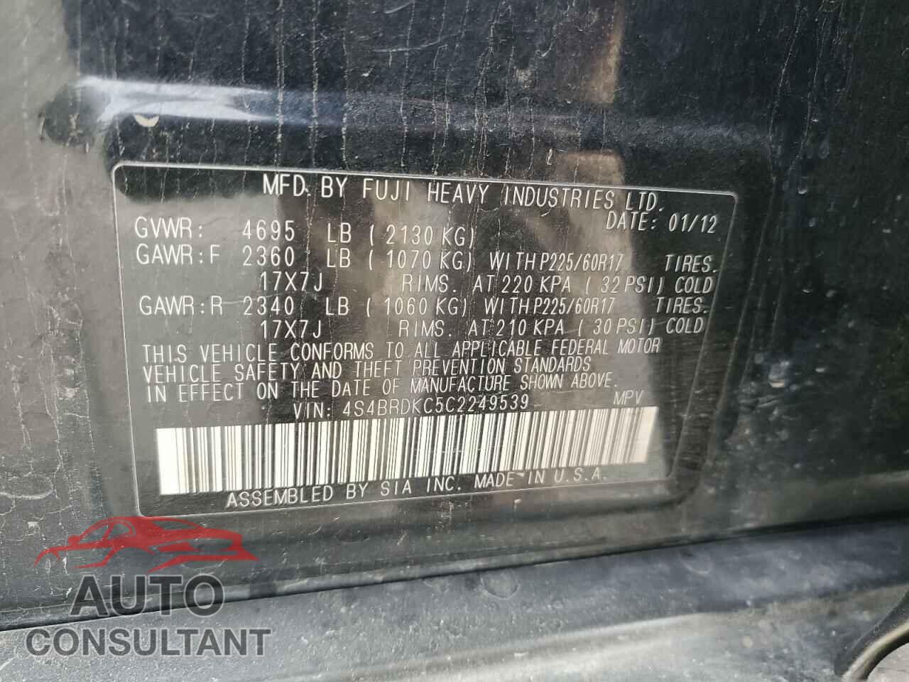 SUBARU OUTBACK 2012 - 4S4BRDKC5C2249539