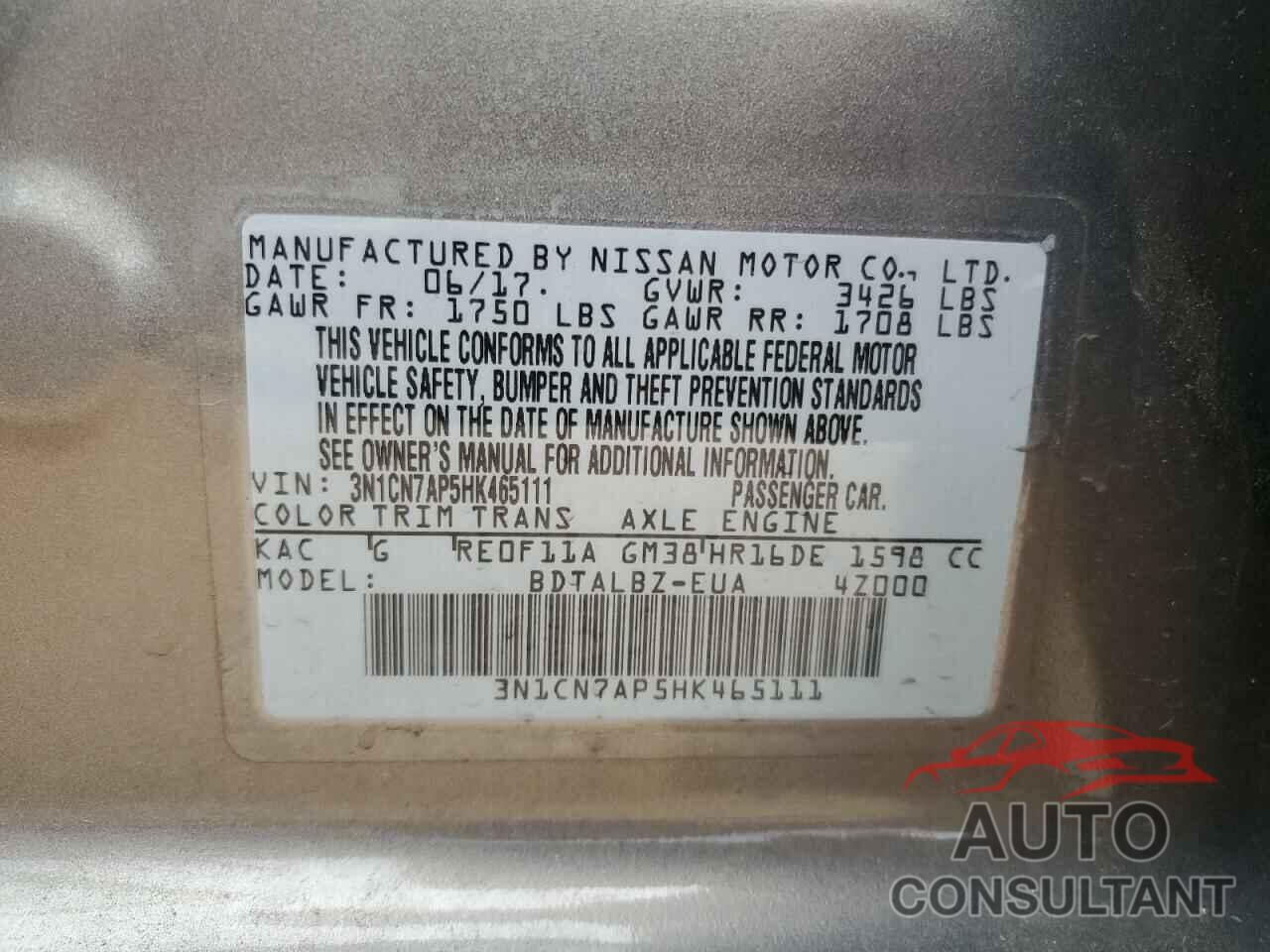 NISSAN VERSA 2017 - 3N1CN7AP5HK465111