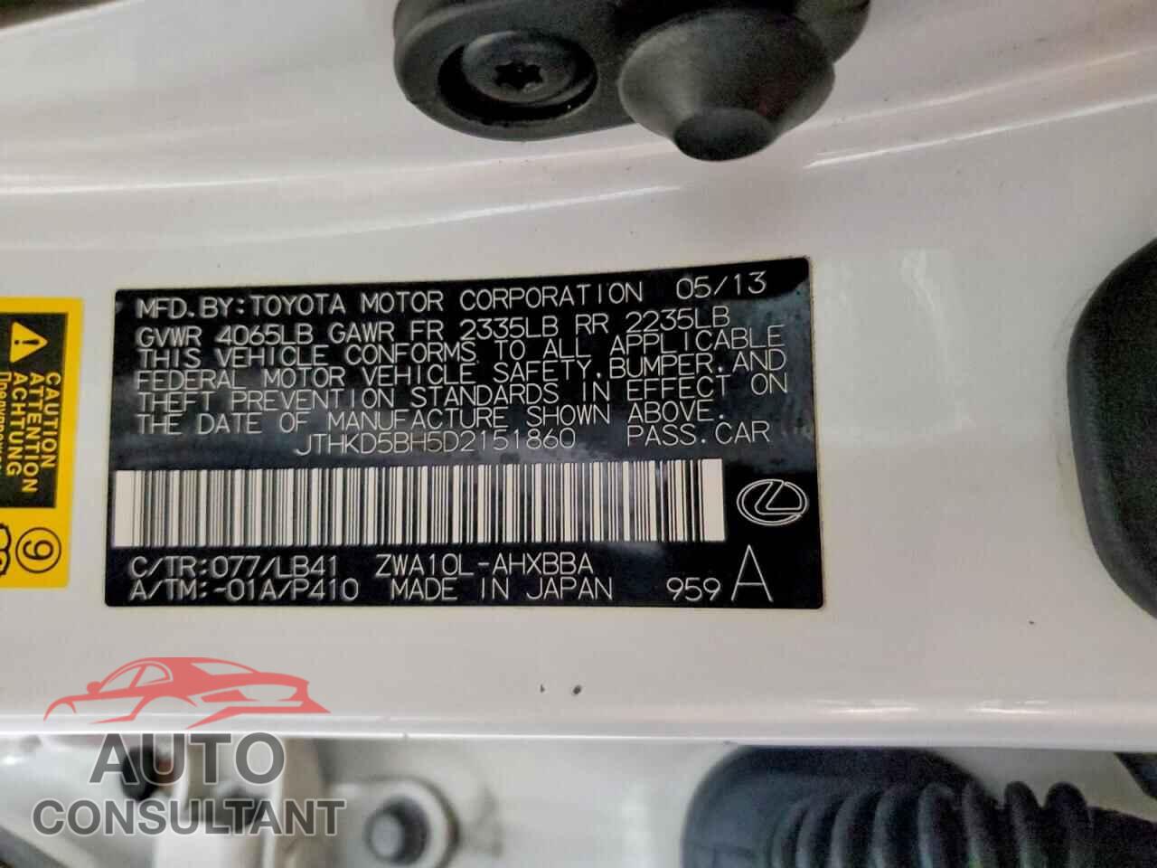 LEXUS CT 200 2013 - JTHKD5BH5D2151860
