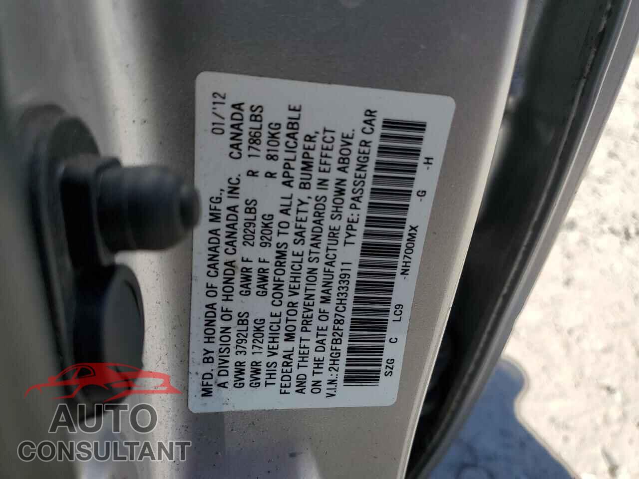 HONDA CIVIC 2012 - 2HGFB2F87CH333911