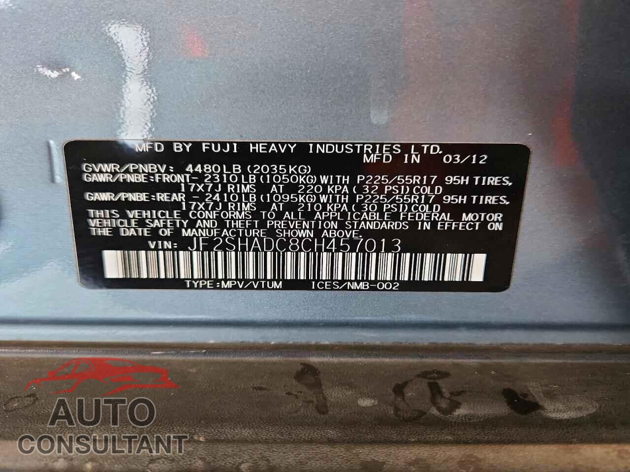 SUBARU FORESTER 2012 - JF2SHADC8CH457013